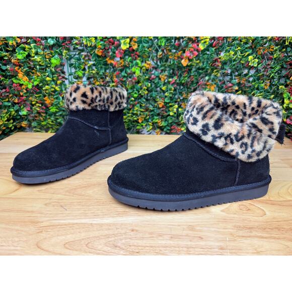 UGG Koolaburra Aribel Short Folding‎ Boots Leopard Animal Print Black Womens 10 - Picture 3 of 11